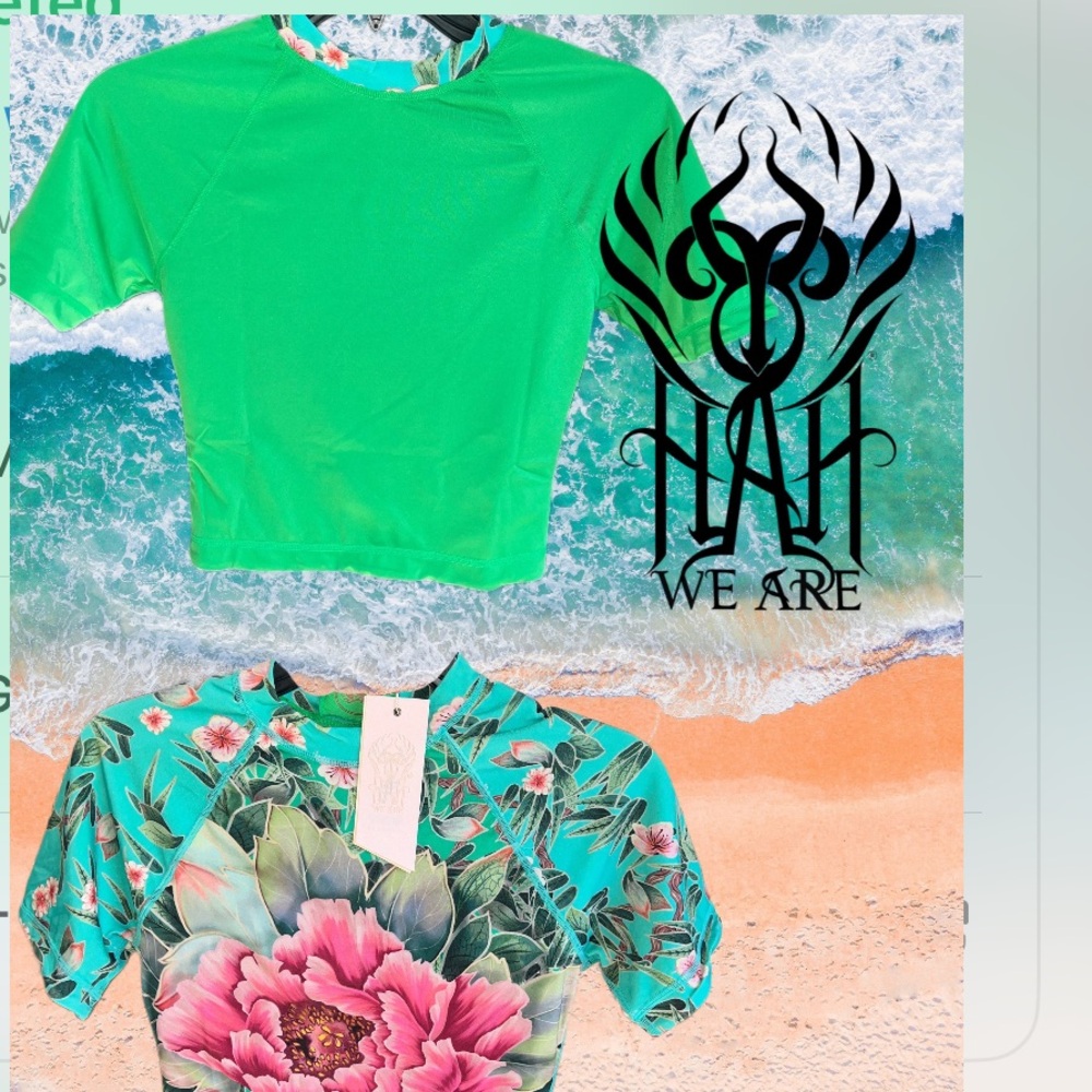 We Are HAH T’s Me Rash Guard Top S Reversible Floral Emerald NWT Swim Crop